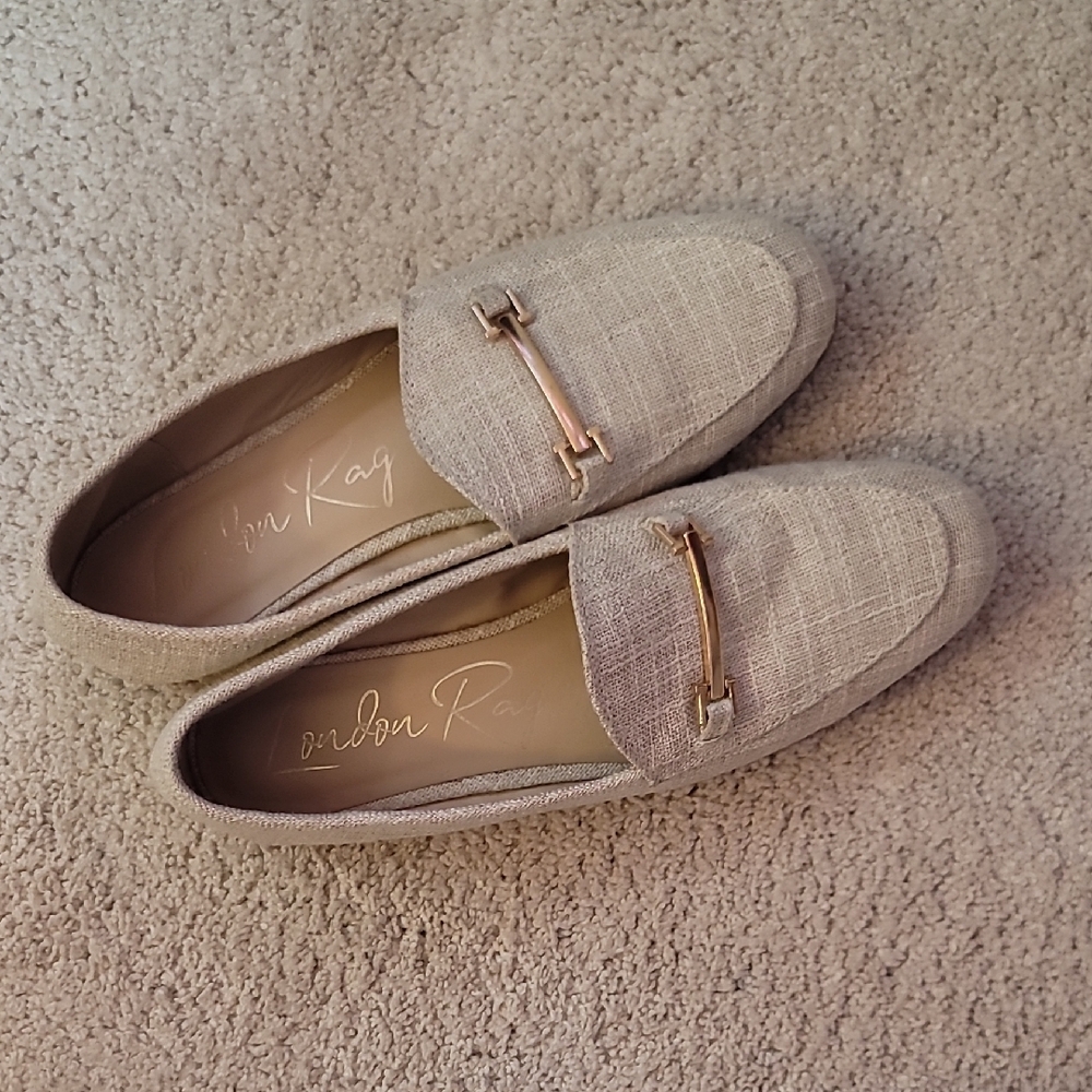 Beige Woven Style Loafers with Gold Buckle - Picture 9 of 9